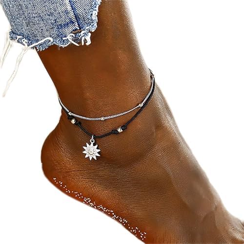 TseenYi Layered Sun Rope Anklet Bracelet Boho Sunflower Pendant