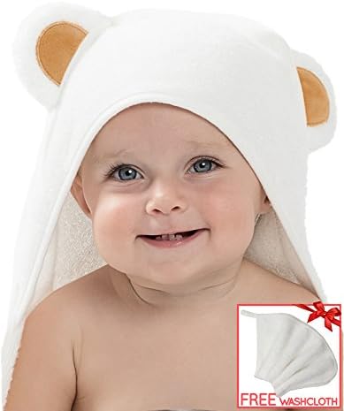 Organic Bamboo Baby Bath Towels - Set with Washcloth - Premium Baby Hooded Towel - Kids Towels for infant and Toddler - Ultra Soft &amp; Thick - Keeps Baby Dry and Warm
