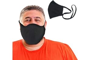 BLU HORN Cotton Breathable Face Mask - Dual Layered Reusable Full Face Mask for Men & Women with Curved Shape, Adjustable Loops & Lanyard - Black, X-Large