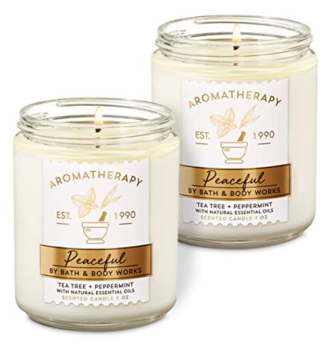 Bath & Body Works Peaceful Tea Tree and Peppermint Single Wick Scented Candle with Essentail Oils 7 oz / 198 g each Pack of 2