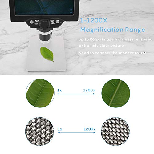 LCD Digital Microscope 7 in HD Screen 1200X Magnification Zoom Camera Video Recorder Angle Adjustable Microscope, 8 LED Lights, Built-in 3000 mAh Battery Rechargeable (7 inches with 16G SD Card)