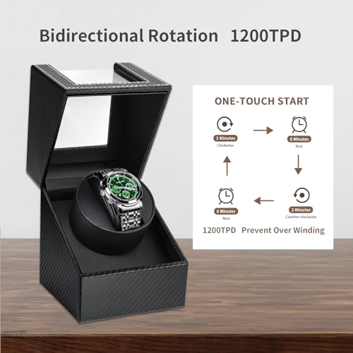 SHOWPIN Automatic Single Watch Winder in Black Fiber Leather with Japanese Quiet Motor Flexible Watch Pillow Bidirection Rotation for Men and Women Battery Powered or AC Adapter