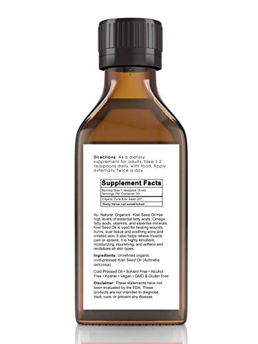Au Natural Organics Kiwi Seed Oil - Pure, 100% Organic, Extra Virgin, Unrefined, Cold Pressed - Great for Skin, Hair and Lip Care3.4 Oz | 100 Ml