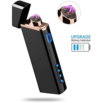 Lighter, Electric Arc Lighter USB Rechargeable Lighter Windproof Flameless Lighter Plasma Lighter with Battery Indicator (Upgraded) for Fire, Cigarette, Candle - Outdoors Indoors (Bright-Black)
