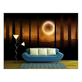 Illustration of Dark Forest in Orange Mist and Full Moon - Removable Wall Mural | Self-Adhesive Large Wallpaper - 66x96 inches