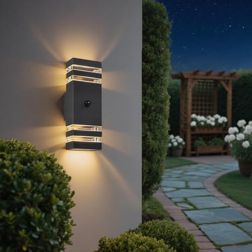 JNR Outdoor Lamp with Motion Sensor, GU10 LED Outdoor Lamp, Anthracite Grey | Outdoor light with PIR motion sensor, IP54 waterproof 230 V aluminium outdoor lamp, 2 x 5 W GU10 3000 K LED bulb