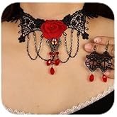 Missgrace Women Boho Punk Black Tassels Red Crystals Lace Choker Necklaces Earrings Set Gothic Accessories Halloween Gothic Punk Black Beads Necklace Earrings Set