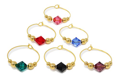 BRILLIANCE Swarovski Crystal Wine Charms (Set of 6) by Claim Your Glass - Premium Drink markers for stemmed Wine, Champagne, Martini Glasses - Includes Storage Case + BONUS Velveteen Bag (GOLD)