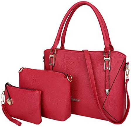 Women's Fashion Plain PU Leather Handbag Shopper + Crossbody Bag + Purse 3pcs Bag Set Tote (Red)