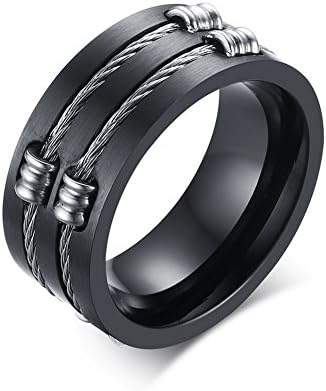 SMRING Jewelry 10mm Titanium Men Black Wedding Round Rings with Double Wire Cable in Slit Centre Ring Sizes 11.0