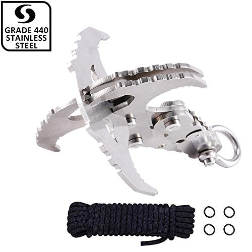 GearOZ Folding Gravity Hook, Stainless Survival Gravity Grappling Hook for Outdoor Hunting Tree Mountain Climbing Camping Tool with Black Rope - Thumbnail 7