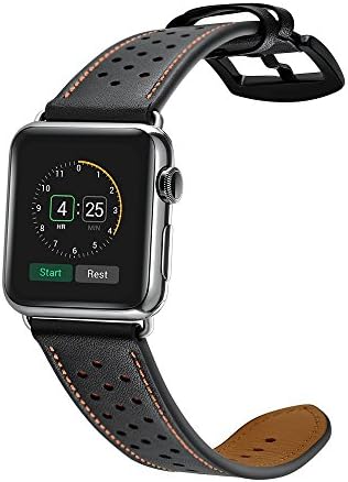 Apple Watch Band 42MM 38MM Leather Men Women iWatch Strap Wristband Black/Brown/Blue Dressy Classic Dots Stitch Comfortable Series 3 2 1 Stainless Steel By Simsoek (Black Orange, 38mm)