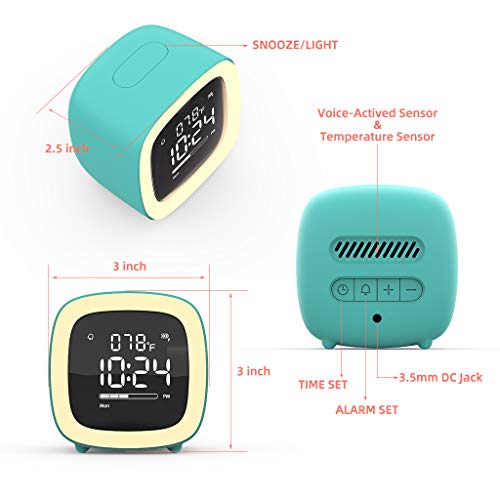 Kids Alarm Clock, Cute-TV Night Light Alarm Clock for Kids, Girls, Children, Bedroom, Rechargeable Battery Operated Alarm Clock with Sleep Timer, Indoor Thermometer - Cyan
