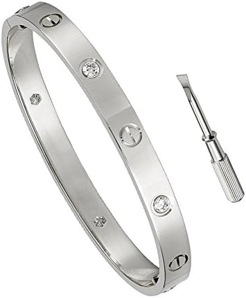 Plain Nail Birthday Gift for Her Love Bracelet- Titanium Steel Screw Hinged Cuff Bangle Bracelet White Gold w/CZ Stone 6.5IN