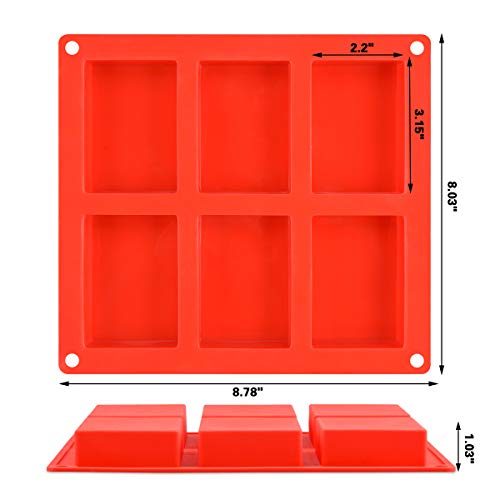 SJ Rectangle Silicone Soap Molds, 2 Pcs 6-Cavity Silicone Molds Square Loaf Muffin Baking Pans, Chocolate Cheesecake Making Trays, Ice Cube Trays, Nonstick & BPA Free (Red)