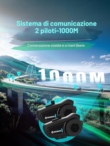 Moman H2Pro Motorcycle Intercom Pair – Universal Connectivity, Motorcycle Helmet Headset 1000M Communication System DSP & CVC Noise Reduction Hi-Fi Stereo Music Sharing FM Voice AI IP65