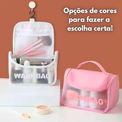 Necessaire Feminina Transparente Viagem Bolsa Ideal para Cosméticos Maquiagem Higiene Pessoal Fechamento com Zíper Fácil Acesso Design Moderno Funcional Impermeável (Rosa)