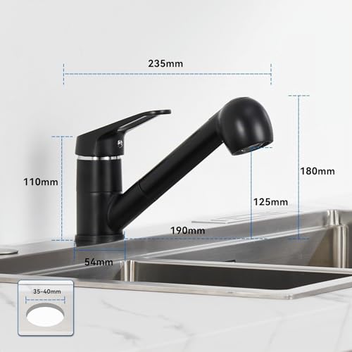 Auralum Kitchen Tap, Black, 360 Degree Rotation, Swivel Spout, Brass Single Lever Guarantee (Black Extendable Type E)