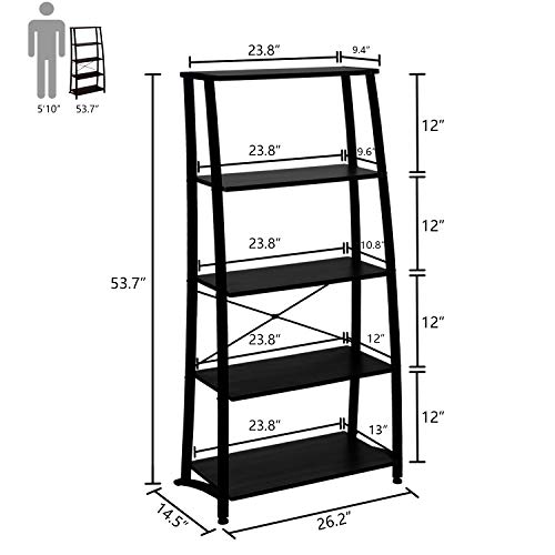 FIVEGIVEN 5 Shelf Ladder Bookshelf Tall Modern Office Book Shelf Wood Look Metal Frame Open Bookcase Brownish Black - Thumbnail 6