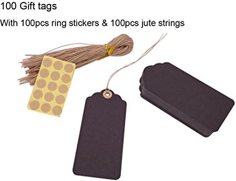 Langyi 100pcs Kraft Paper Gift Tags Scalloped Edge Hang Tag Price Lable with 100pcs Ring Stickers and 100pcs Natural Jute Hemp String (Black)