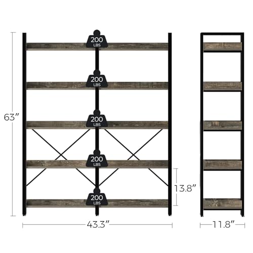 Seventable 5 Tier Large Bookshelf, 63" Tall Industrial Bookcase with 4 Hooks, Wooden Bookcase for Home Office Living Room, 43.3” Wide Standing Storage Shelf with Open Shelves, Grey
