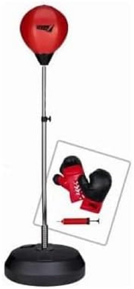 Sport1 Punching Pro Boxing Set with Stand, Height Adjustable 120-145cm, 8oz Gloves and Pump, Red/Black for Kids, Teens and Adults, Punching Ball Training and Boxing Game
