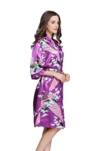 Amzchoice Women's Short Sleeve Kimono Robe Peacock & Blossoms for Spa, Wedding Bridal and Bridesmaid (M, Purple)