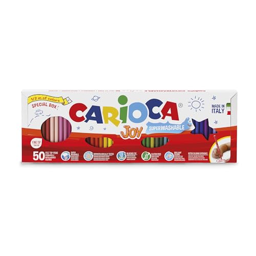 CARIOCA Joy Marker Halbmeter, bunte Marker für Kinder mit feiner Spitze, spezielles Format von halben Meter, ideal zum Zeichnen und Malen, super waschbar, verschiedene Farben, 50 Stück