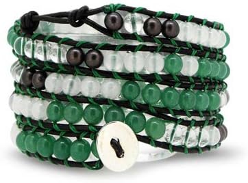 Bling Jewelry Green Simulated Jade Gemstone White Marble Bead Leather Wrap Bracelet 41in