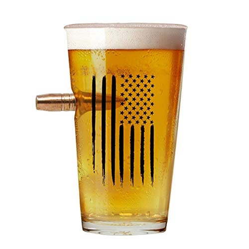 American Flag 50 Cal Bullet Beer Glass - Hand Blown Glasses - Real 50 Cal Design - USA Patriotic Gifts - 16 Oz. Pint Glass