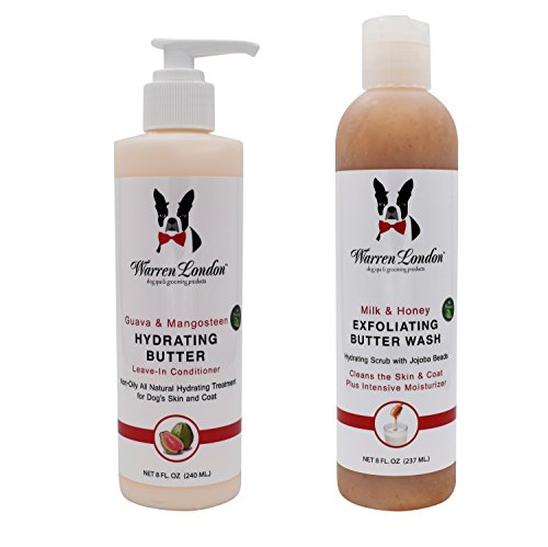 Warren London Combo Pack: (1) Exfoliating Butter Wash, Milk and Honey, Moisturizing Dog Shampoo, 8 Oz, and (1) Hydrating Butter, Guava and Mangosteen, Leave-in Conditioner for Dogs, 8 Oz