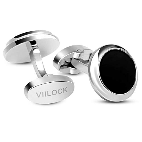 VIILOCK Onyx Black Cufflinks and Studs Set for Men Wedding Business Gift Mens Cuff links Set (Silver)