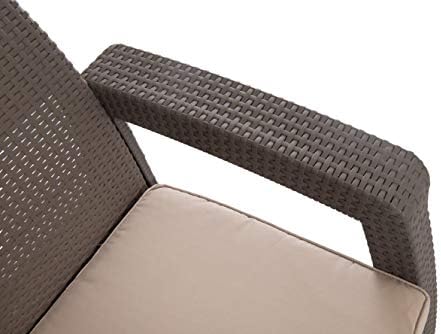 Conjunto de jardim externo keter corfu, 4 lugares e mesa com almofadas incluídas, resina com acabamento de vime plano, marrom