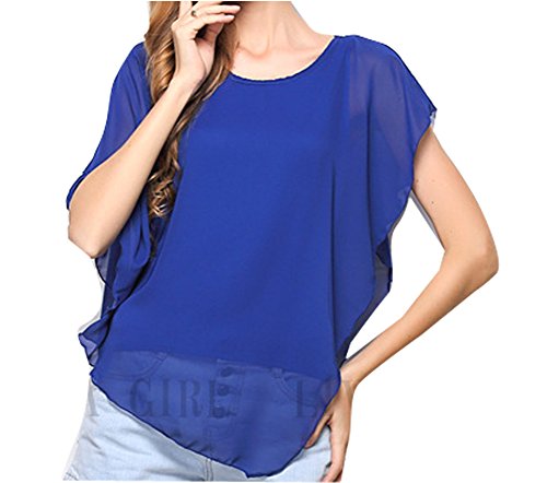 Shawhuaa Womens Batwing Sleeve Irregular Hem Chiffon Blouse T-Shirt Tops X-Large Royal Blue - Thumbnail 2