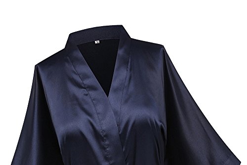 Feelia Women's Satin Kimono Robe Short Bathrobe For Wedding Party, Solid Color, Short, Dark Blue,S - Thumbnail 3