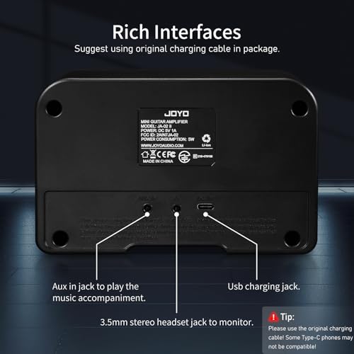 JOYO Mini Amplificador de Guitarra 5W Amplificador para Guitarra Eléctrica Pequeño Amplificador de Guitarra con Bluetooth, Canales Limpios y Sobretransmisión, Recargable, Portátil (JA-02 II Negro)