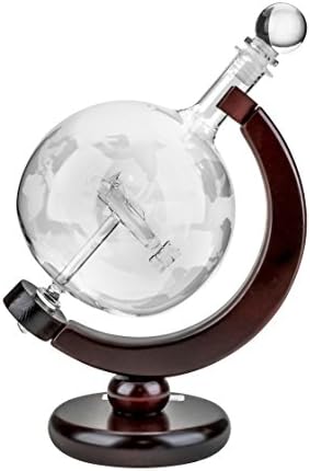 JOZEFINA ATELIER Art Decor Etched Globe Spirits Decanter On Wood Stand With Airplane Inside, 22 oz, Clear