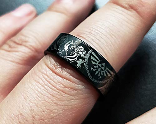 Engraved Triforce Zelda Design Ocarina Link Master Sword & Shield Majora Inverted Midnight Black Tungsten Ring Flat Polished - 4mm to 12mm - Thumbnail 2