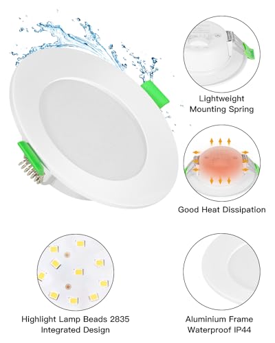 Lichtlord - LED Recessed Spotlight 7W 700 Lumen 2700K/4500K/6000K Adjustable Bathroom Spotlight IP44 Pack of 10 Round Ultra Slim Metal Downlight White