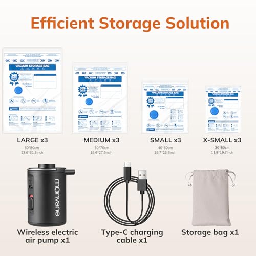 MONVANE Cordless Pump and Vacuum Bag for Clothes Vacuum Cleaner, 12 Pieces – 3L 80 x 60 cm, 3 M 70 x 50 cm, 3S 60 x 40 cm, 3XS 50 x 30 cm, Storage Cover for Travel Duvet, Suitcase