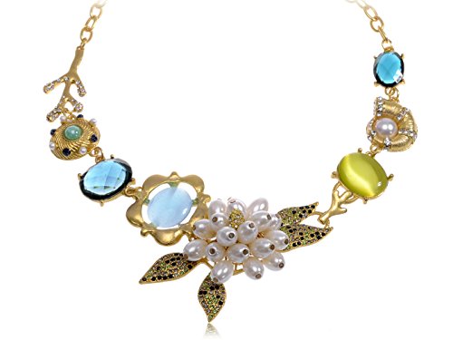 Alilang Womens Golden Tone Faux Pearls Nautical Shell Coral Floral Necklace