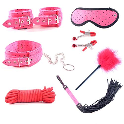 Luckly77 7pcs Réstraints Séx Leather Hāndcuff Mouth Plúg Nìpple Clamps Bed Réstraints Kit Under Bed Bondage Eye Mask Blindfolds Soft for Couples Jeans Sunglass