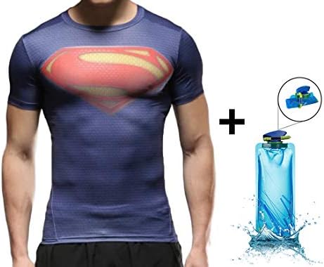 1Bar Short Sleeve Rash Guard Compression T Shirt DC Marvel MMA Wrestling Workout Plus Free Water Bottle