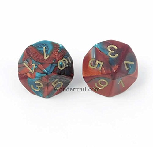 WCXPG1062E2 Red and Teal With Gold Numbers D10 Aprox 16mm (5/8in) Pack of 2 Dice Chessex