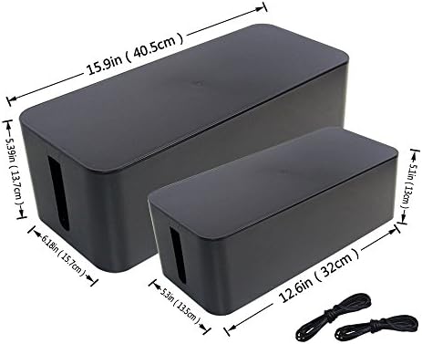 [Set of Two]Black Cable Management Box Organizer-5.25x6.2x16in,Large (Storage for Desk, TV, Computer, &amp; USB Hub) System to Cover and Hide Power Strips Surge Protector&amp; Cords + Wire Ties