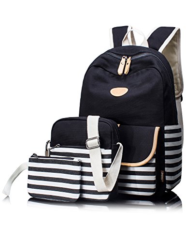 Leaper 3-in-1 Cute Thickened Canvas School Backpack Shoulder Bag Pencil Case Black