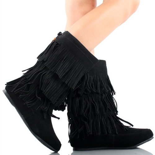 Women's Faux Suede Fringe Moccasin Beaded Tassle Mid Calf Want