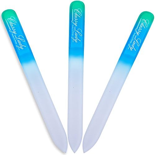 Crystal Glass Nail File - ClassyLady Professional Finger Nail Files, Color Double Sided Nail Care Set, Glass File Etched Pointed (Blue 3 Pack)