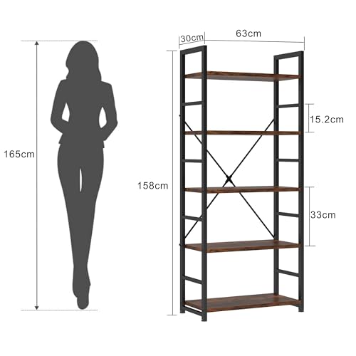 VERMESS Industrial Bookshelf, 5-Tier 24inch Shelving Unit Wood Bookcase with Open Shelves, Standing Bookshelves Metal Frame Display Rack for Living Room,Bedroom, 24.8 * 11.8 * 63 inch，Rustic Brown