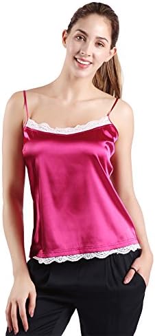 Satin Lingerie, DD DEMOISELLE Women's Soft Sleepwear Lace Trim Tank Top Rose Red Size S